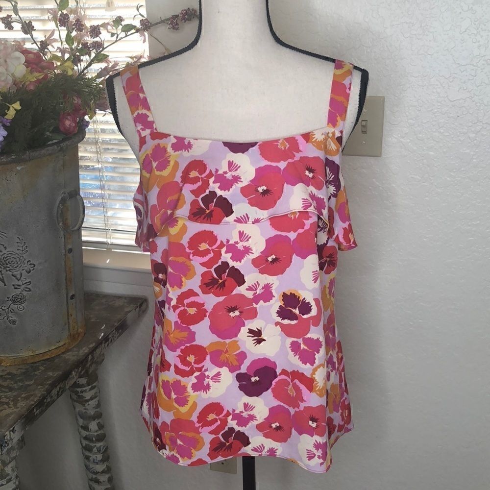 CAbi Violet Pansy Print Spaghetti Strap Top